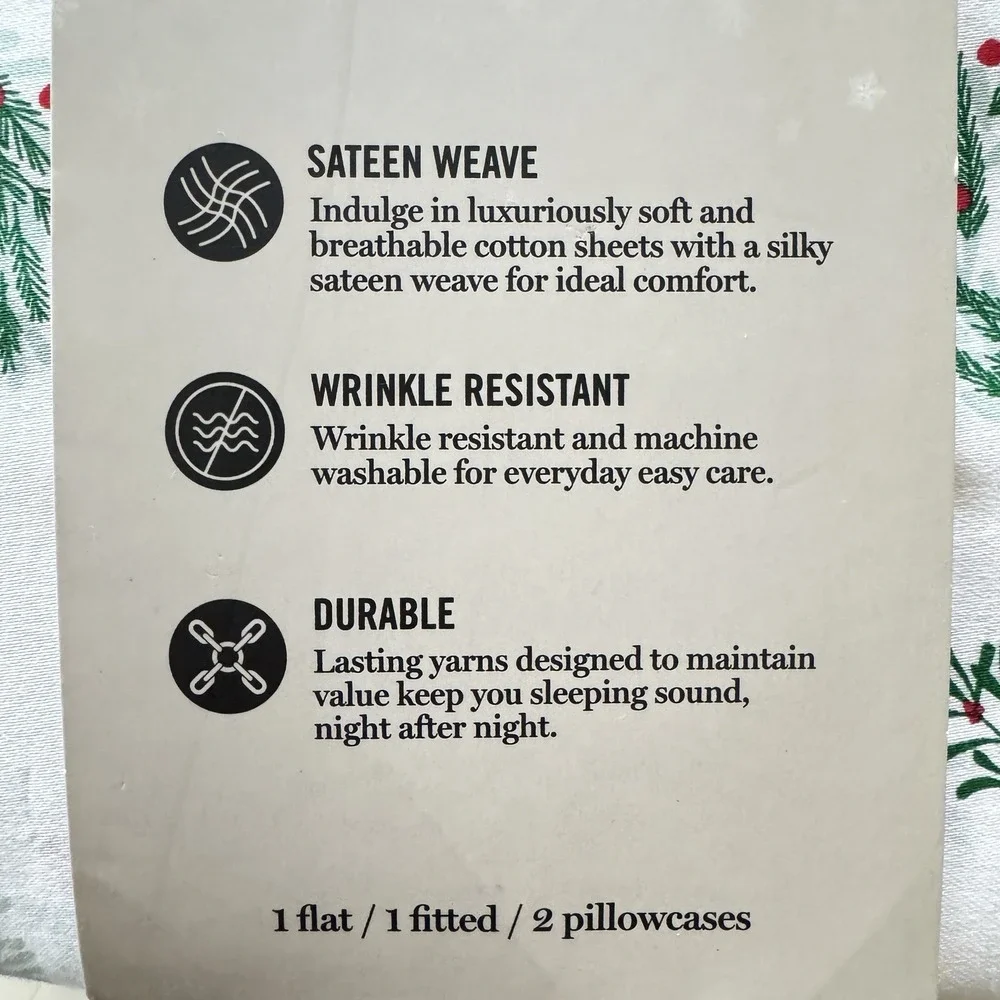 New Martha Stewart Holiday Collection Christmas Wreath QUEEN‎ Sheet Set Cotton